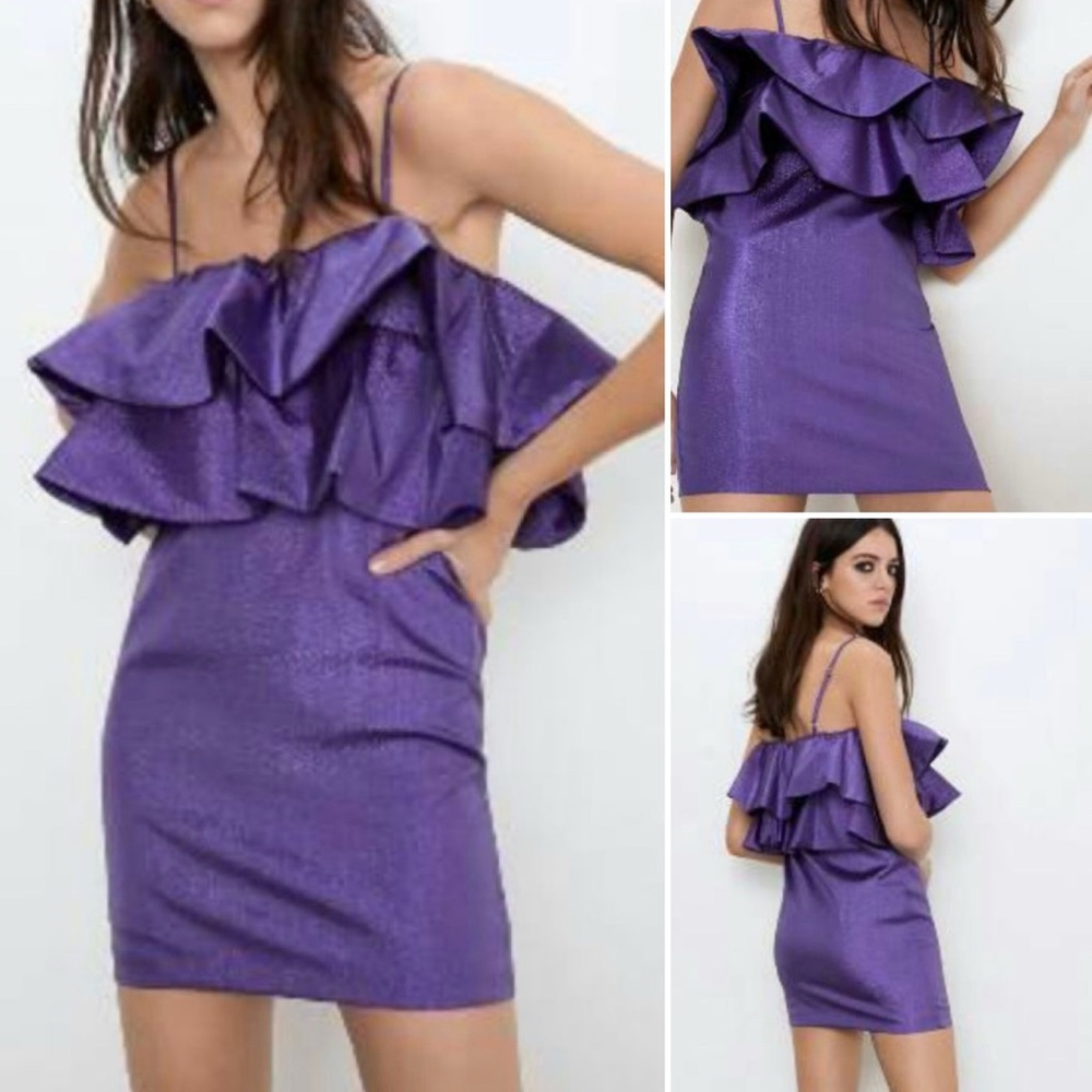 ZARA Ruffled Ruffle Metallic Thread Mini Cocktail Dress in Purple Size Small - Picture 10 of 16